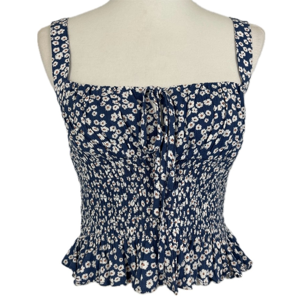 Blue Ditsy Floral Smocked Milkmaid Top Size M Cottage Feminine Coquette Dainty